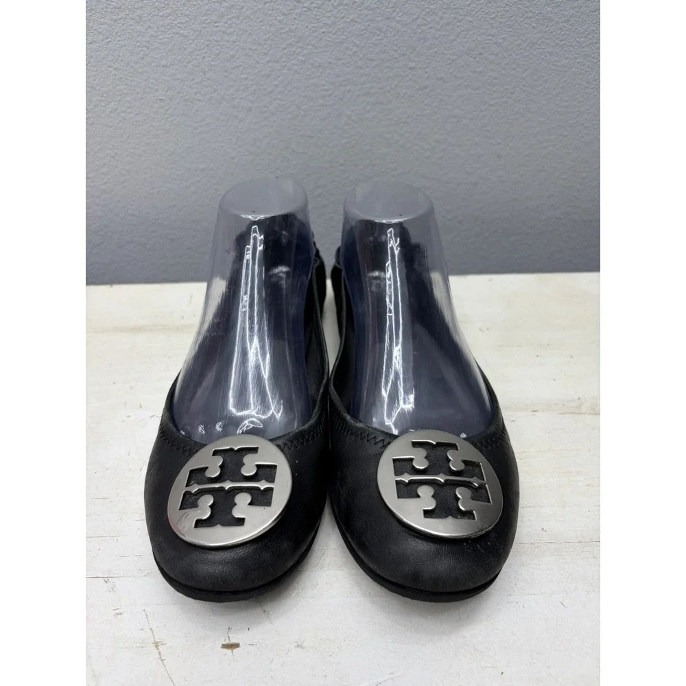 Tory Burch Reva Ballet Flats Womens Size US 9 Black Leather Silver Logo